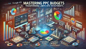 Mastering PPC Budgets illustration featuring a dynamic digital marketing landscape with computer screens, graphs, charts, and Google Ads icons. A roadmap or strategy plan highlights goals, market analysis, and strategic budget allocation. Visuals of monitoring tools and adjustment mechanisms are included. The text Mastering PPC Budgets: Transforming Limits into Investments is prominently displayed.