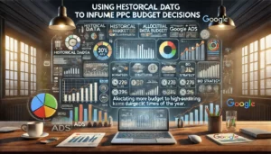 Using Historical Data to Inform PPC Budget Decisions illustration featuring a digital marketing landscape with computer screens, graphs, charts, and Google Ads icons. Historical data analysis tools, patterns, trends, and bid strategy adjustments are displayed. The text Using Historical Data to Inform PPC Budget Decisions is prominently displayed.