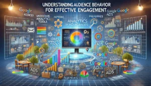 Understanding Audience Behaviour for Effective Engagement illustration featuring a digital marketing landscape with computer screens, graphs, charts, and Google Ads icons. Data analysis tools, patterns, preferences, and tailored ad strategies are displayed. The use of advanced analytics tools by Google ads agencies to gain deeper insights into audience behavior is highlighted. The text Understanding Audience Behaviour for Effective Engagement is prominently displayed.