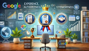 A visually engaging scene illustrating the concept of EAT in SEO, featuring a digital workspace with elements representing expertise, authoritativeness, and trustworthiness. The image includes a certificate, a trophy, and a handshake symbol, with charts, graphs, and Google's logo in the background.