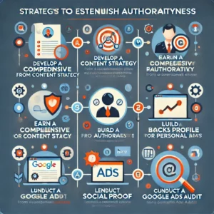 Infographic depicting strategies to establish authoritativeness, including developing a comprehensive content strategy, earning backlinks from authoritative sites, building a digital profile or personal brand, leveraging social proof, and conducting a Google ads audit. The design features relevant icons and a clean, professional layout. 