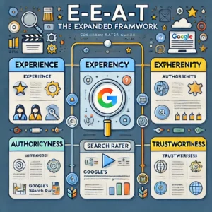 Infographic illustrating the E-E-A-T framework: Experience, Expertise, Authoritativeness, and Trustworthiness. The design features clear sections for each component with relevant icons and a modern, professional layout.