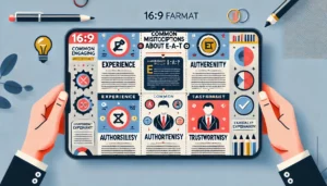 Infographic illustrating common misconceptions about E-E-A-T (Experience, Expertise, Authoritativeness, Trustworthiness) in a 16:9 format. The design features a modern and professional layout with icons and visuals representing each concept.