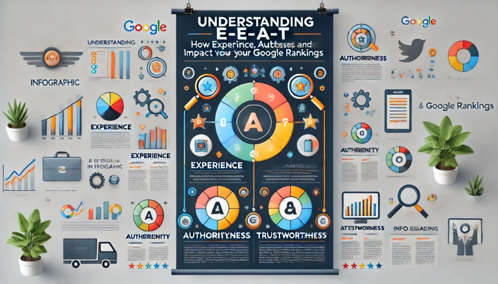 Infographic illustrating how E-E-A-T (Experience, Expertise, Authoritativeness, Trustworthiness) impacts Google rankings. The design features a modern and professional layout with icons representing each component.