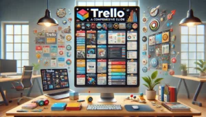 Trello: A Comprehensive Guide illustration featuring a clean and organized digital workspace with computer screens, Trello boards displaying colorful task cards, and collaboration icons. Key features such as organization, task management, and collaboration tools are highlighted. The text Trello: A Comprehensive Guide is prominently displayed.