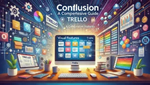 Trello: A Comprehensive Guide - Conclusion illustration featuring a dynamic and organized digital workspace with computer screens, Trello boards displaying colorful task cards, and collaboration icons. Key features such as the visual interface, collaborative features, and customizable options are highlighted. The text Trello: A Comprehensive Guide - Conclusion is prominently displayed.