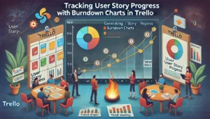 Tracking User Story Progress with Burndown Charts in Trello illustration featuring a Trello board with colorful task cards and a burndown chart. Project timelines, trend analysis, and velocity tracking are shown, along with a team having a stand-up meeting discussing progress. The text Tracking User Story Progress with Burndown Charts in Trello is prominently displayed.