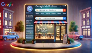 Digital storefront showcasing a vibrant GMB profile with contact information, opening hours, and customer reviews for PPC Geeks, the UK's best PPC agency