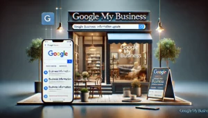 Professional digital storefront illustrating the concept of Google My Business with Google Search and Maps interfaces showing a verified business profile, contact information, and business narrative.