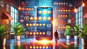Digital scene emphasising the importance of customer reviews with a modern interface displaying star ratings and detailed feedback.