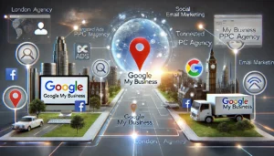 Digital scene illustrating the integration of Google My Business with marketing tools like PPC ads, social media, and email marketing, emphasising a cohesive strategy for local visibility.