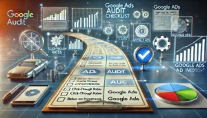 Digital scene illustrating a Google Ads audit checklist with graphs, charts, and icons related to click-through rates, conversions, and return on investment.