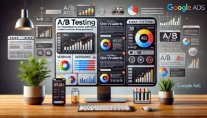 Digital scene illustrating A/B testing for Google Ads campaigns with two ad versions side by side and performance metrics charts. 