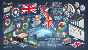 Digital scene illustrating PPC strategies for stretching your budget in the UK market with Google Ads, featuring keyword optimisation, budget management, and targeted advertising.