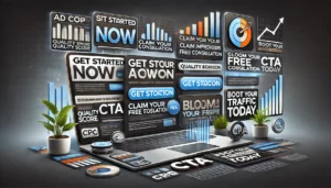Digital scene illustrating the use of strong calls to action in advertising, featuring various CTAs like "Get Started Now" and "Claim Your Free Consultation."