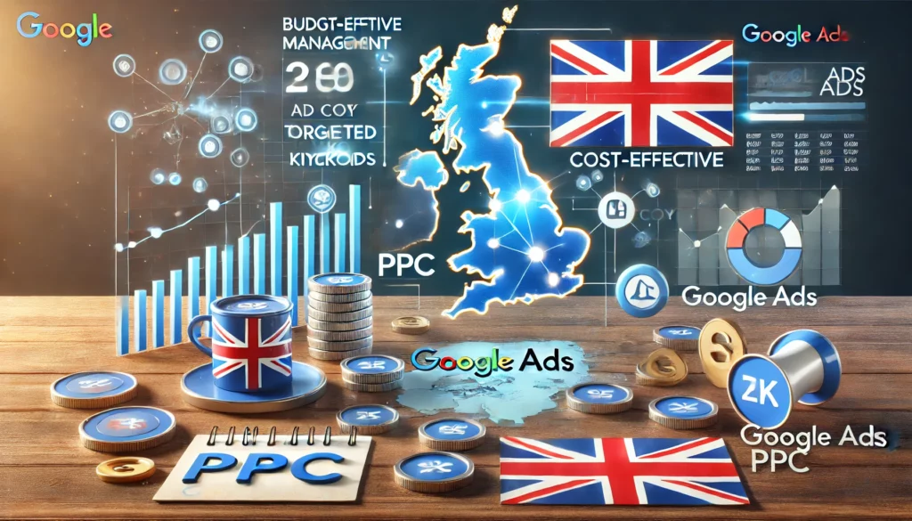 Digital scene illustrating cost-effective Google Ads PPC strategies to maximise reach in the UK market, featuring charts, graphs, and icons for budget management, targeted keywords, and data analysis.