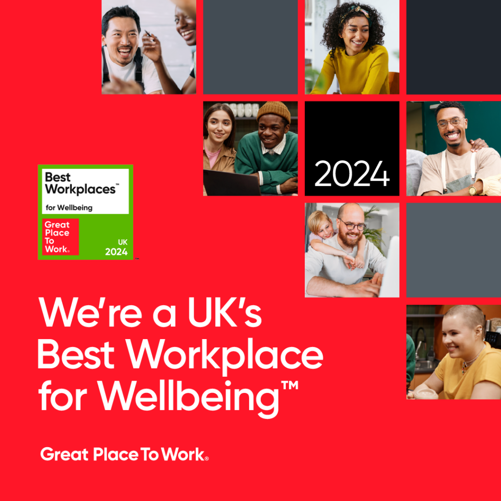 Collage of diverse and happy employees, highlighting PPC Geeks' recognition as one of the UK's Best Workplaces for Wellbeing 2024.