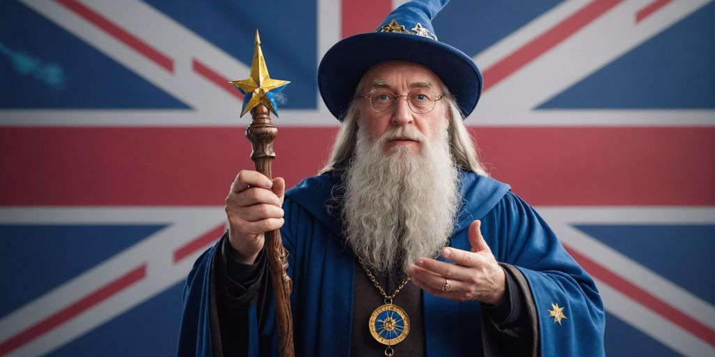 A wise wizard holding a magical staff stands in front of the Union Jack flag, symbolizing PPC Excellence with his commanding presence.