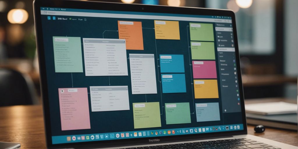 Trello: A Comprehensive Guide showing a laptop screen with a Trello board displaying various colorful task cards, illustrating task management and organization.