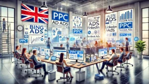 Expert Strategies for UK PPC Ad Agencies: A modern UK PPC ad agency office with teams working on various PPC platforms like Bing Ads, Facebook Ads, and LinkedIn Ads, expanding beyond just Google Ads.