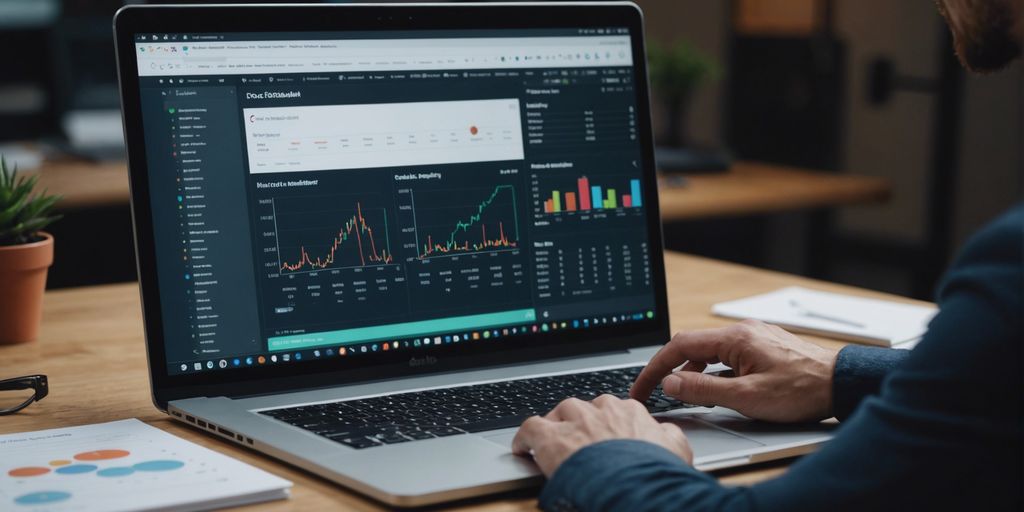 Digital marketing professionals using tools like Google Data Studio, Microsoft Power BI, and Tableau on large screens to create custom dashboards and reports, with charts, graphs, and automation icons.