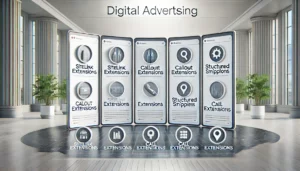 Digital advertising dashboard with various ad extensions including sitelink, callout, structured snippets, call, and location extensions.