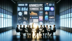 Professionals discussing advanced PPC techniques in a sleek, modern office, with a digital screen displaying interactive ad formats for 2024.