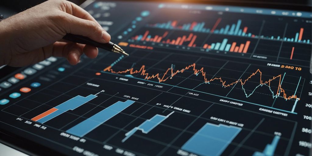 A person using a pen to interact with a digital dashboard displaying various graphs and charts. The dashboard features bar charts, line graphs, and other visual data representations, highlighting key metrics and trends.