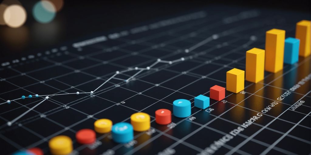 A detailed image showing a black digital chart with multiple bar and line graphs in bright colours. The bars are in yellow, red, and blue, and the lines connect various data points, indicating trends and patterns.