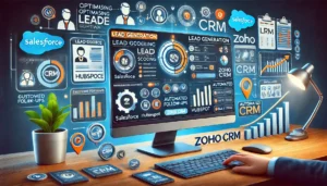 CRM software interfaces like Salesforce, HubSpot, and Zoho CRM optimising lead generation with features like lead scoring, automated follow-ups, and detailed analytics.