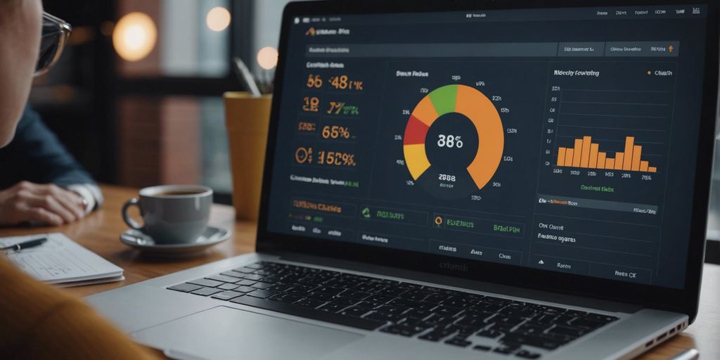 A laptop screen displaying PPC tracking metrics, including a colorful dashboard with graphs and charts. The laptop is placed on a wooden table with a coffee cup nearby. The environment suggests a workspace or a meeting setting. The text "How is PPC Tracked?" should be considered for context.