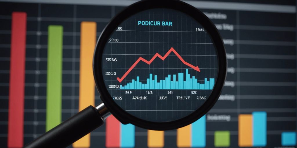 A magnifying glass focusing on a digital marketing dashboard displaying various bar charts and a line graph, representing PPC monitoring data analysis.