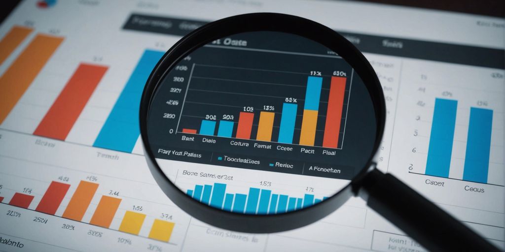 Close-up of a magnifying glass over a chart displaying PPC competitor analysis data.