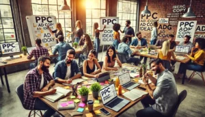 Behind the scenes of digital advertising mastery, a vibrant office environment in a PPC ad agency shows a diverse group of professionals brainstorming ad copy ideas, highlighting the creative process of crafting compelling ads.