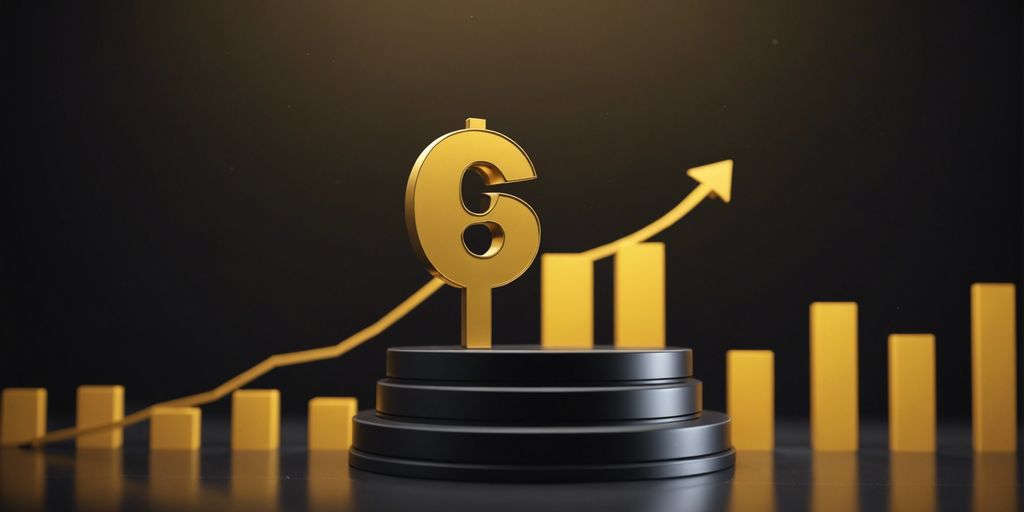 A golden dollar sign and upward arrow on a podium, with bar charts in the background, illustrating the growth and success of CPV advertising.