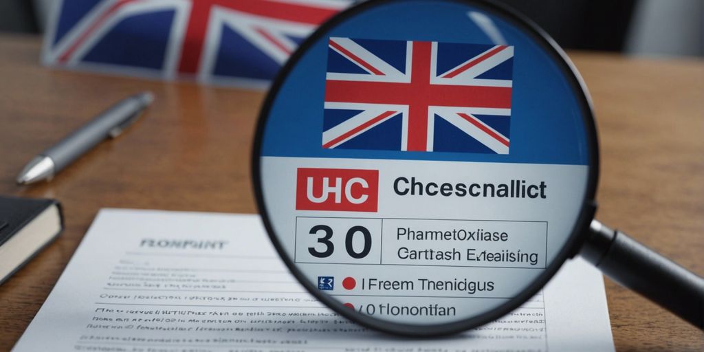 A magnifying glass focusing on a document with a UK flag in the background, illustrating the thorough evaluation of PPC agencies in London.