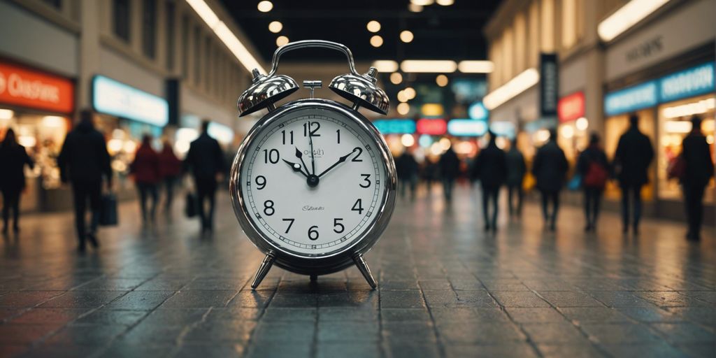 A large clock placed in the middle of a busy shopping mall walkway, symbolizing the urgency and FOMO of limited-time offers.