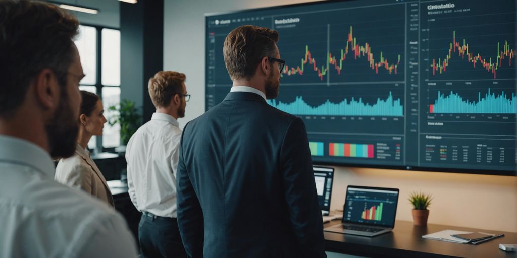 A team of professionals in an office analyzing data on large screens displaying charts and graphs. The team is focused on making data-driven decisions to optimize their strategies.