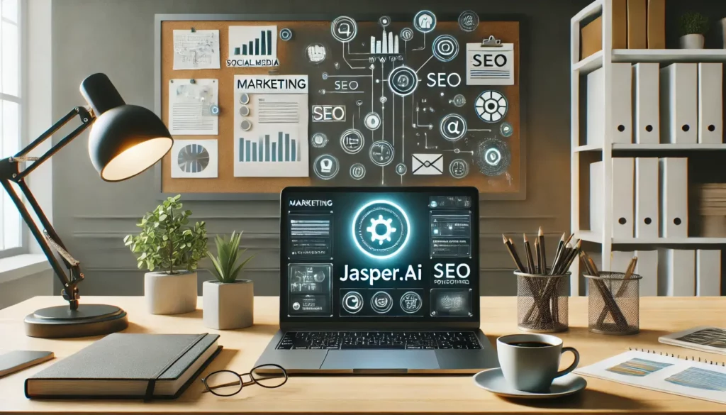 A modern workspace featuring a laptop with Jasper.ai interface, marketing materials, social media icons, and SEO tools, capturing the essence of productivity and creativity in marketing.