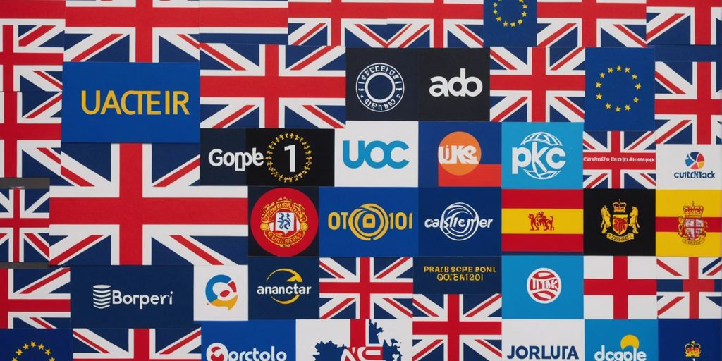 A collage of various logos from different ad agencies and European companies, set against a background of the United Kingdom's Union Jack flag and the European Union flag, symbolizing the diverse and influential nature of Ad Agencies Reviews influencers in the industry.