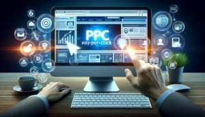 An image illustrating the concept of PPC marketing with a computer screen showing an ad being clicked, surrounded by icons of digital marketing channels.