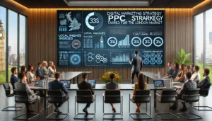 A digital marketing strategist presenting expert PPC tips on a detailed PPC strategy tailored for the London market in a modern conference room. The screen shows charts, graphs, and key points emphasizing local insights and cultural nuances.