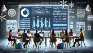 A digital marketing team working on a large screen showing automated bidding strategies in Google Ads, with graphs and settings for Target CPA and Target ROAS during peak seasons, incorporating elements like shopping bags, snowflakes, and holiday decorations to signify seasonality.