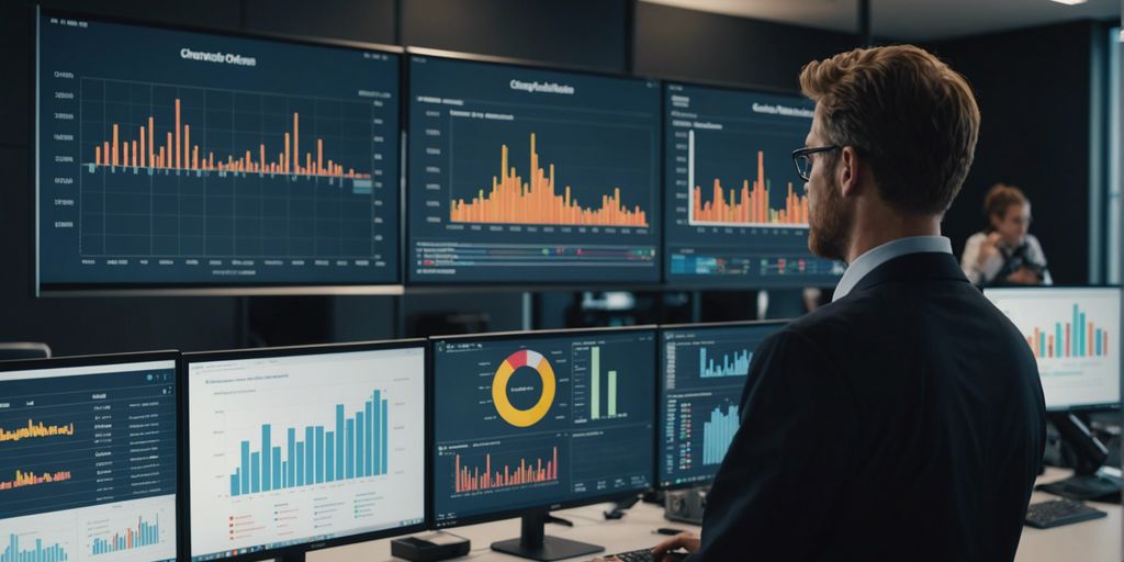 Professional analyzing multiple data charts on large screens in an office, illustrating Finding the Perfect Local PPC Agency.