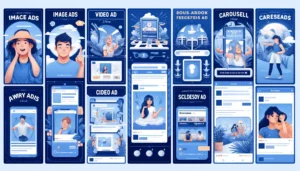 Visual guide showcasing different Facebook ad formats including Image Ads, Video Ads, Carousel Ads, and Slideshow Ads, with illustrative examples and descriptions.