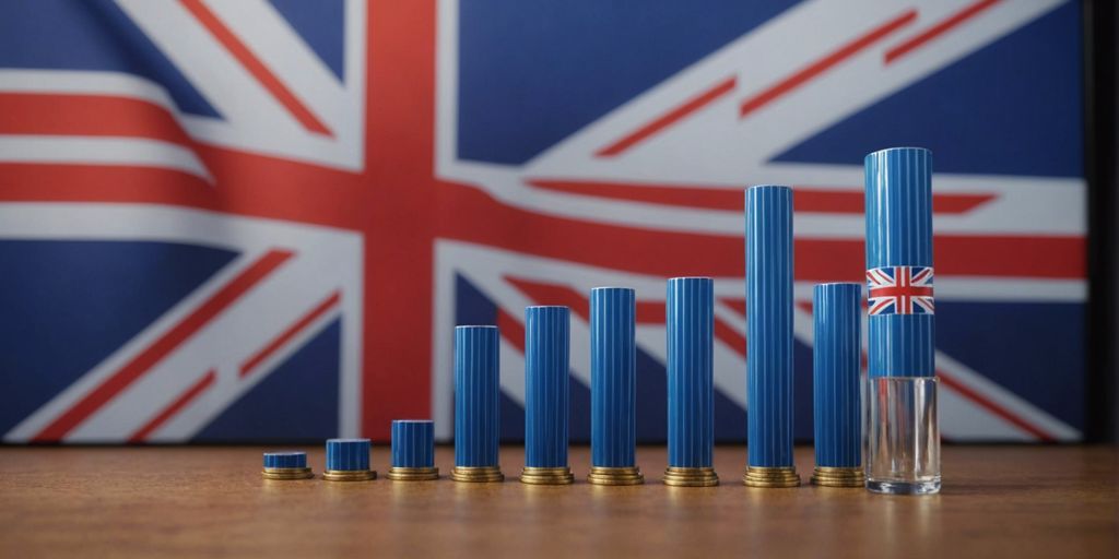 A series of blue bar graphs in front of the British flag, representing increasing growth and success.