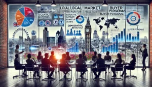 A team of professionals in a London office analysing local market data for PPC advertising, with large screens displaying demographic graphs, customer behaviour charts, and detailed buyer personas, showcasing the expertise of a PPC ad agency in London.