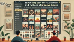Enhancing your visual content with Canva Pro features, showing users accessing premium templates and millions of photos available to Canva Pro users. The interface displays a variety of premium templates and options to browse popular photo stock libraries like Unsplash and Pixabay.