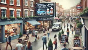 A bustling UK high street with local shops, cafes, and businesses, showcasing how UK PPC ad agencies identify profitable audiences through local PPC strategies.