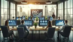 A professional office in London with PPC specialists working on computers, illustrating cost-effective strategies for maximising ROI by hiring a PPC agency in London.